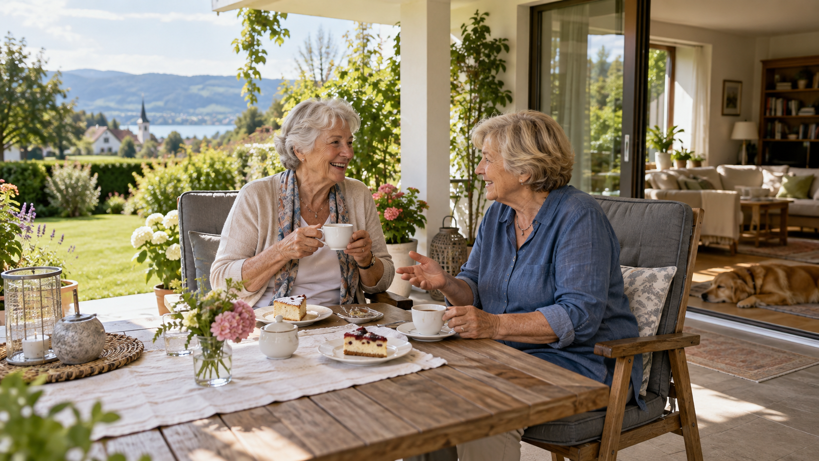 Ältere Freundinnen bei Kaffee auf einer hellen Terrasse