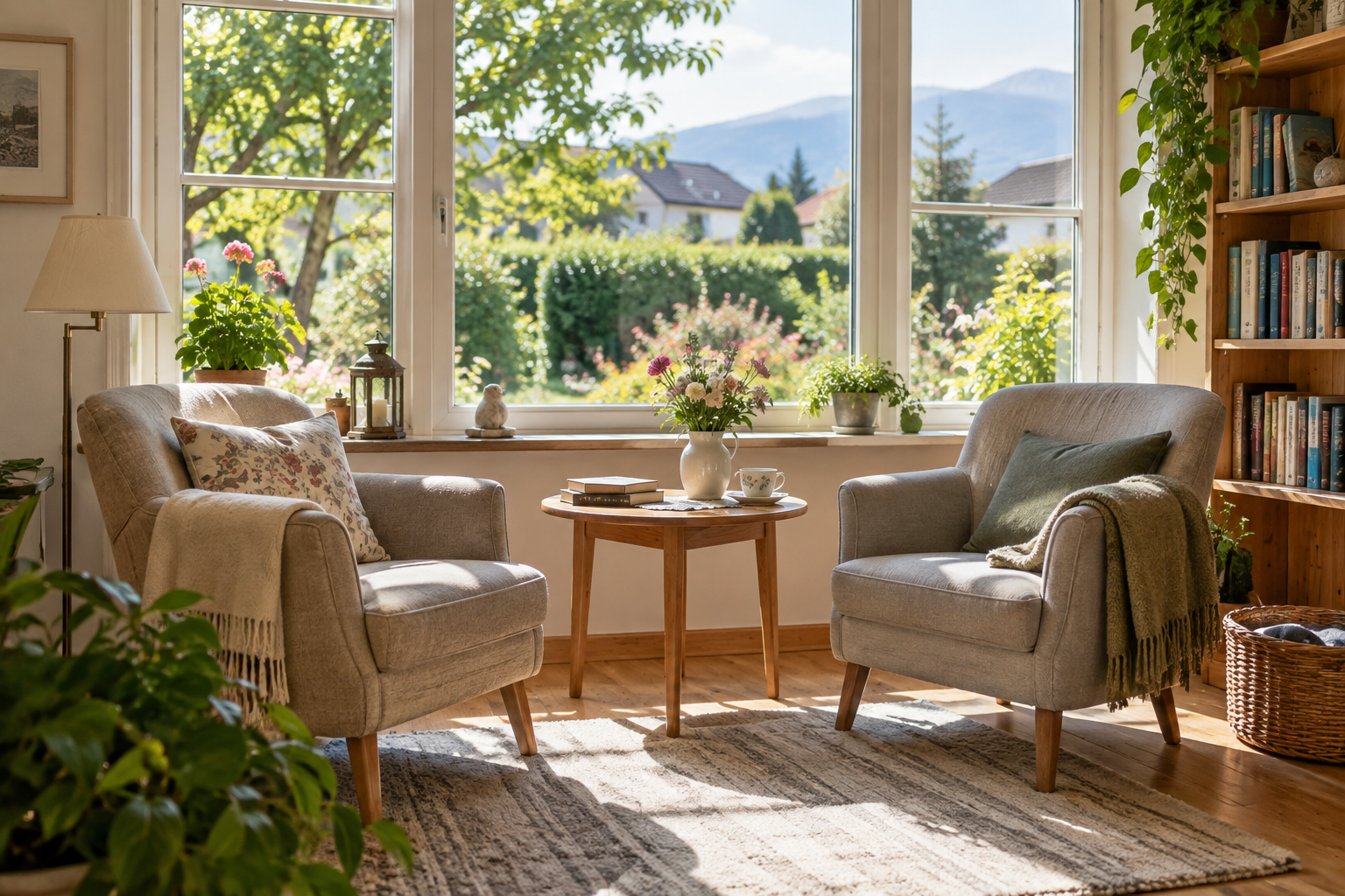 Sonniger Sitzplatz am Fenster mit Blick in den Garten